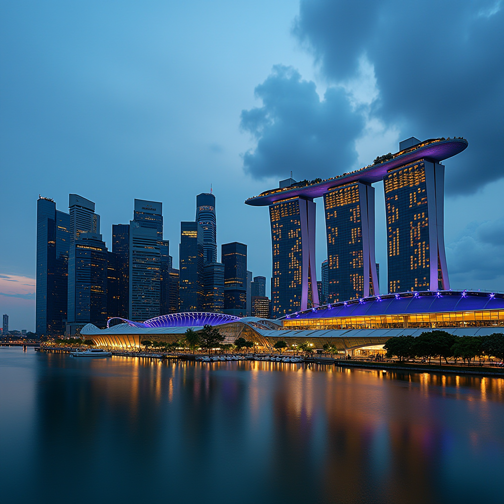 Modern Singapore financial district skyline at dusk showing illuminated office buildings, contemporary architecture, and Marina Bay area representing the dynamic business environment and economic growth of Singapore's corporate sector