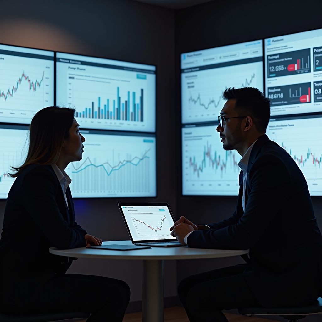Professional risk assessment consultants analyzing financial data and business metrics on multiple screens in a modern Singapore office, with charts showing risk matrices and strategic planning documents