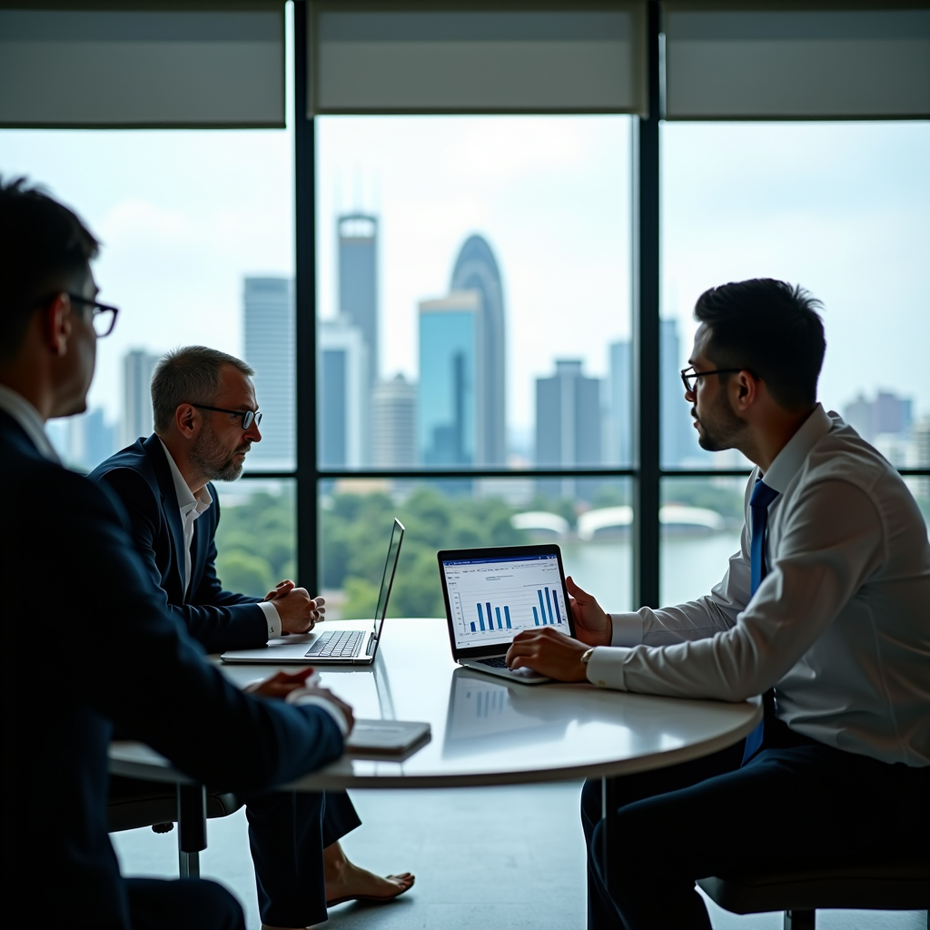 Professional wealth management advisors reviewing comprehensive financial portfolios and asset protection strategies in modern Singapore office with city skyline view