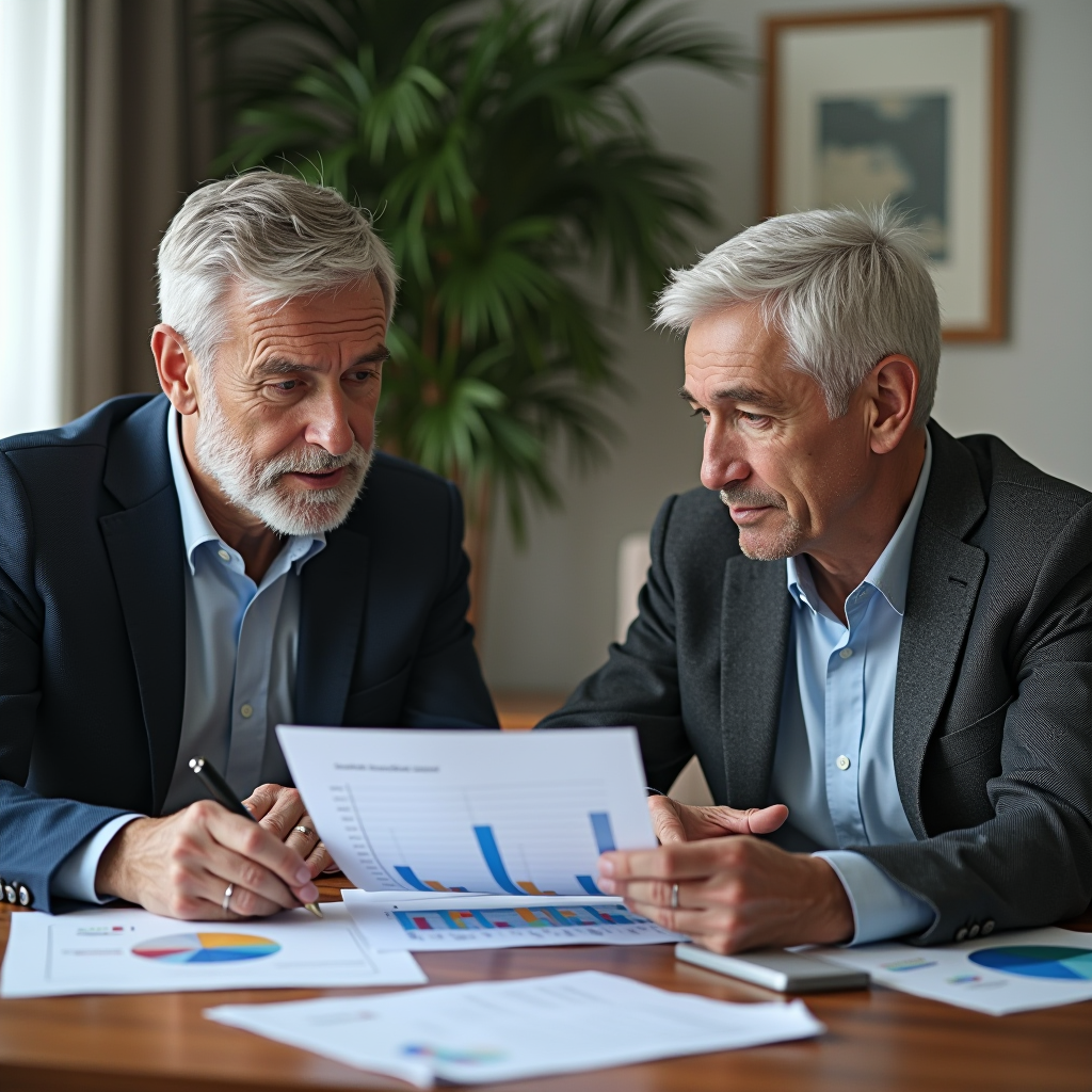 Certified financial advisor meeting with mature couple reviewing personalized retirement planning documents and portfolio allocation charts in comfortable office setting