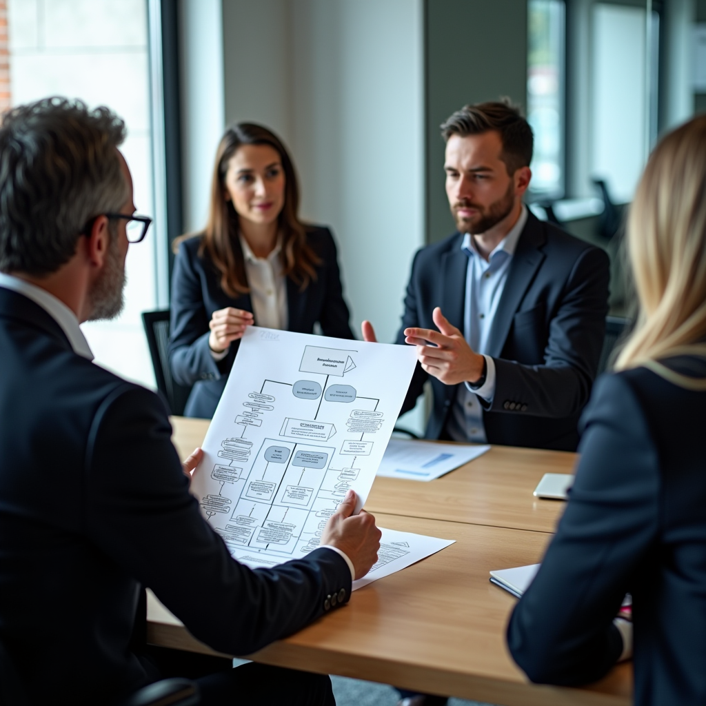 Business owner and succession planning consultants reviewing organizational charts and leadership transition timeline documents in executive boardroom